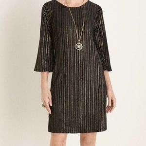 Chico’s Black and Gold Velvet Shift Dress with Bell Sleeves - Size 8/10